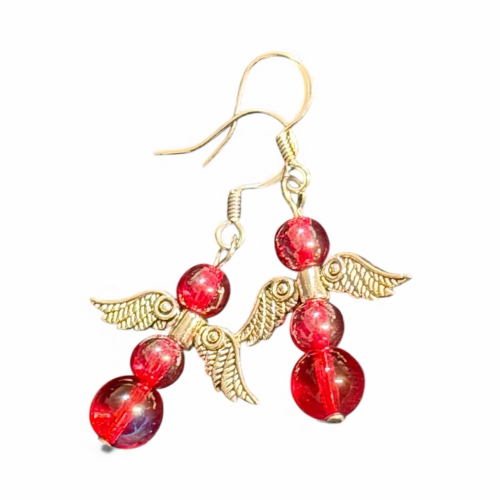 Handcrafted Red Angel Wing Earrings - Picture 9 of 13